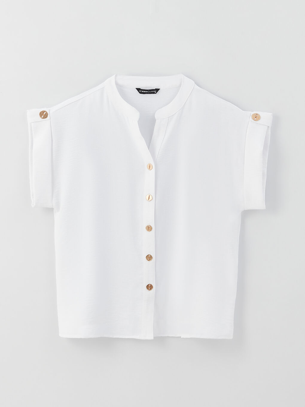 Ekru Kaçık Yaka Düz Kısa Kollu Aerobin Kadın Gömlek-5