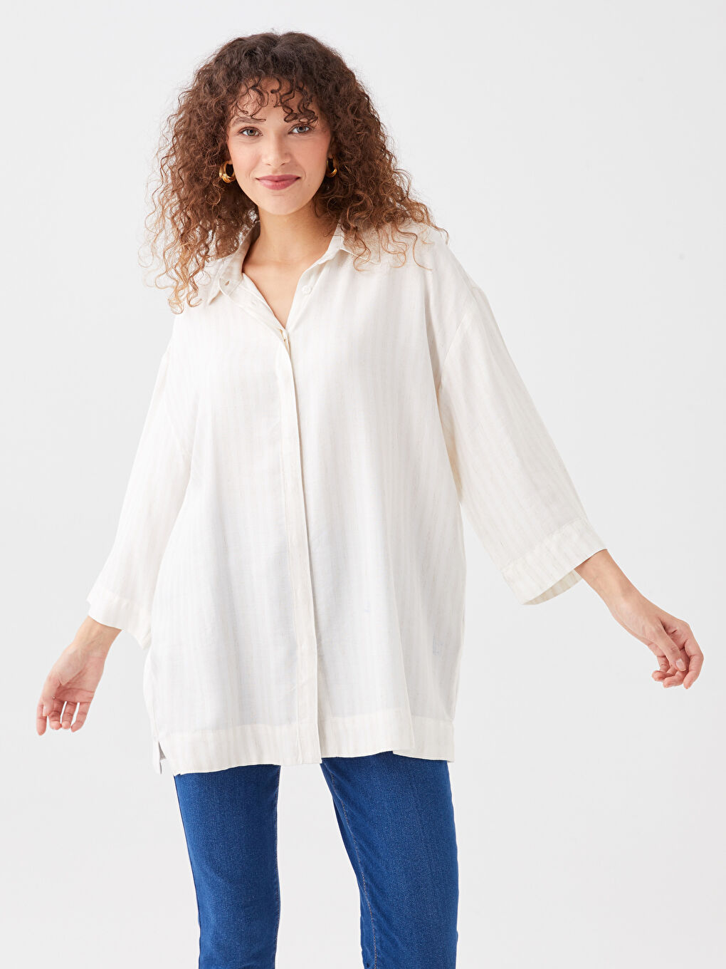 Bej Gizli Düğme Kapamalı Çizgili Kadın Gömlek