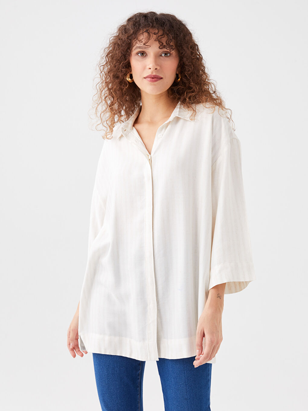 Bej Gizli Düğme Kapamalı Çizgili Kadın Gömlek-2