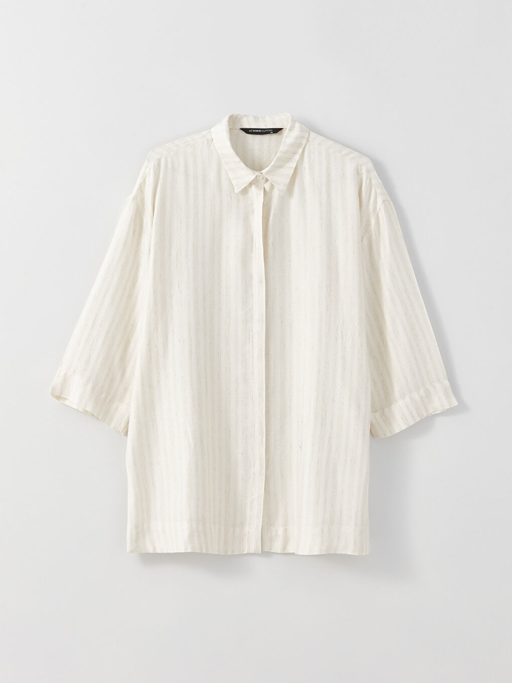 Bej Gizli Düğme Kapamalı Çizgili Kadın Gömlek-5