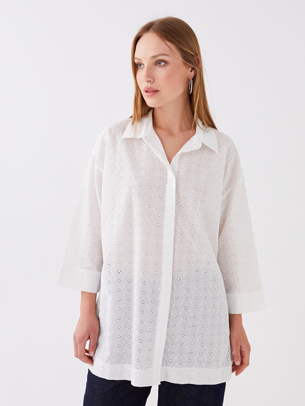 LC Waikiki Self Patterned Oversize Broderie Women's Shirt -S3AN69Z8-FE8
