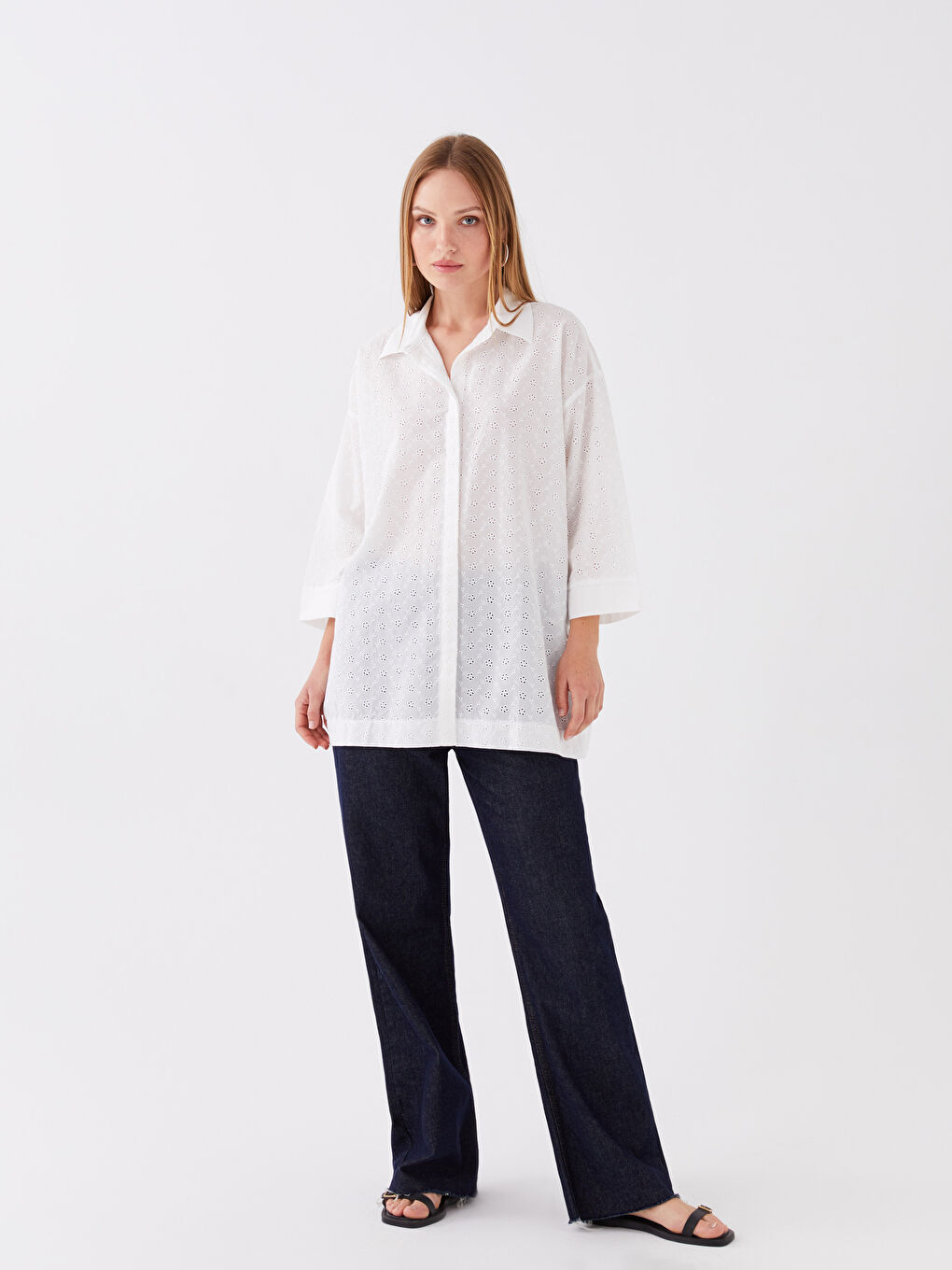 LC Waikiki Self Patterned Oversize Broderie Women's Shirt -S3AN69Z8-FE8
