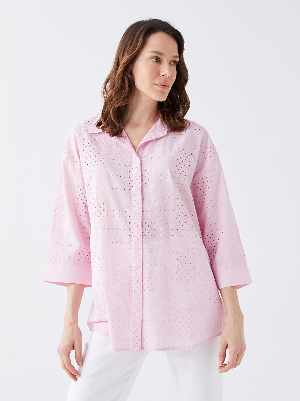 LCWAIKIKI Classic Self Patterned Oversize Broderie Women's Shirt -S3AN69Z8-FGV