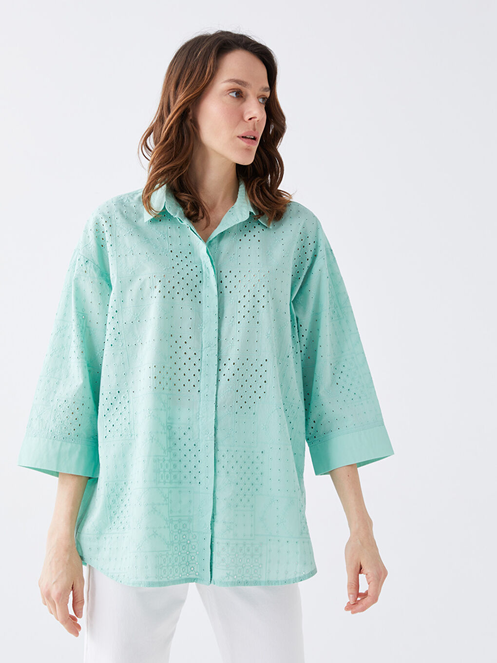 Self Patterned Oversize Broderie Women's Shirt-1
