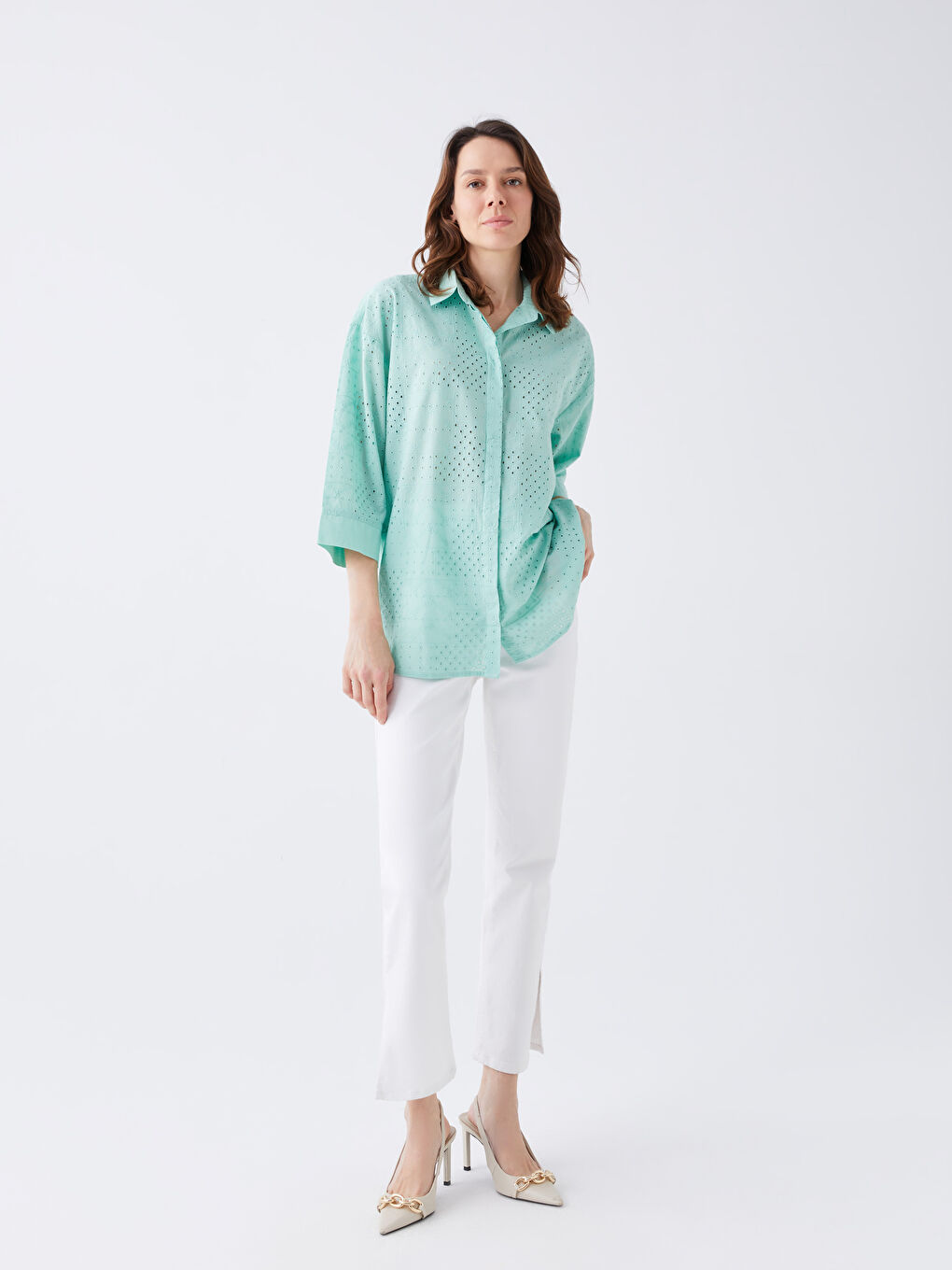 Self Patterned Oversize Broderie Women's Shirt-2