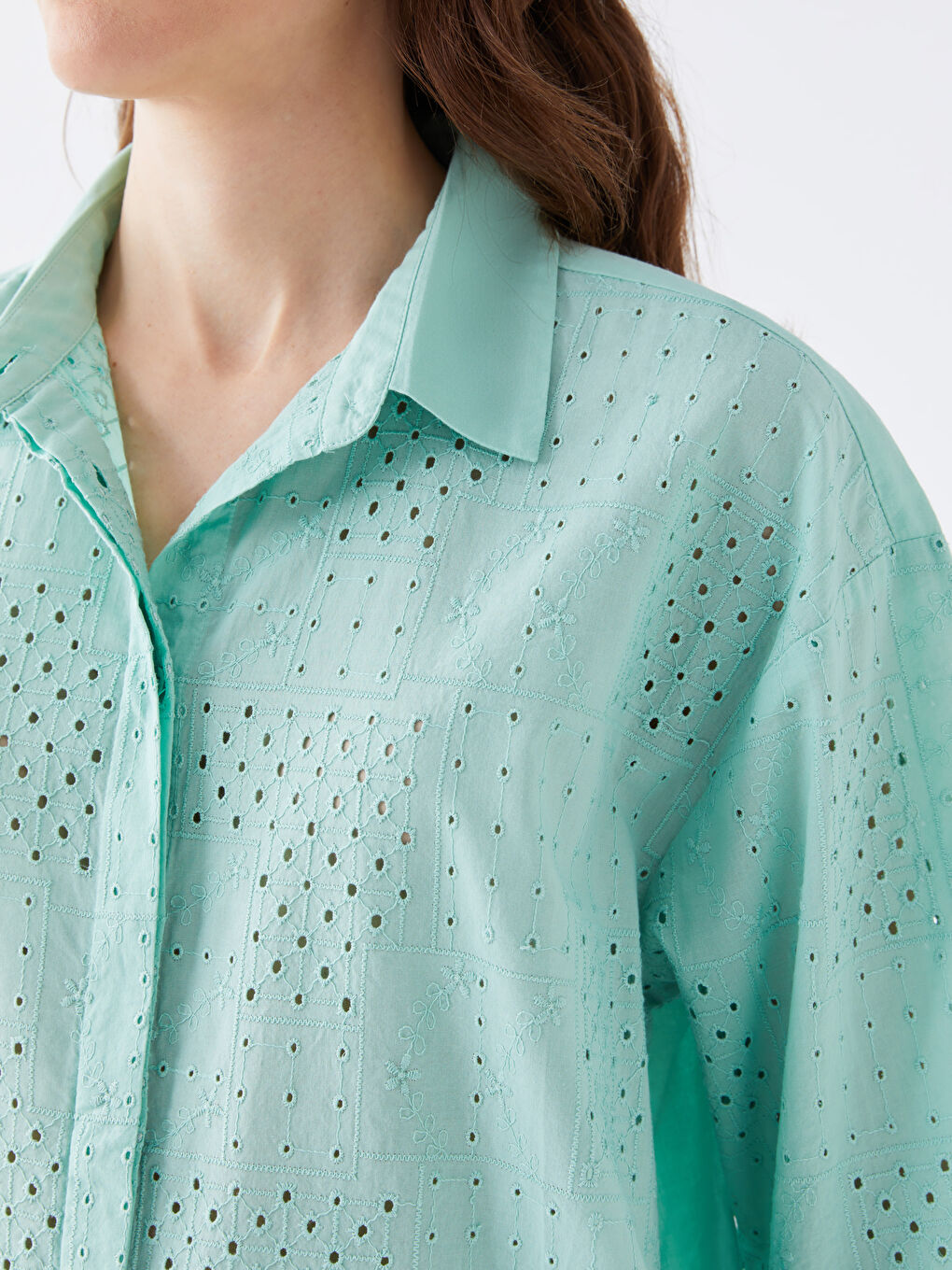 Self Patterned Oversize Broderie Women's Shirt-3