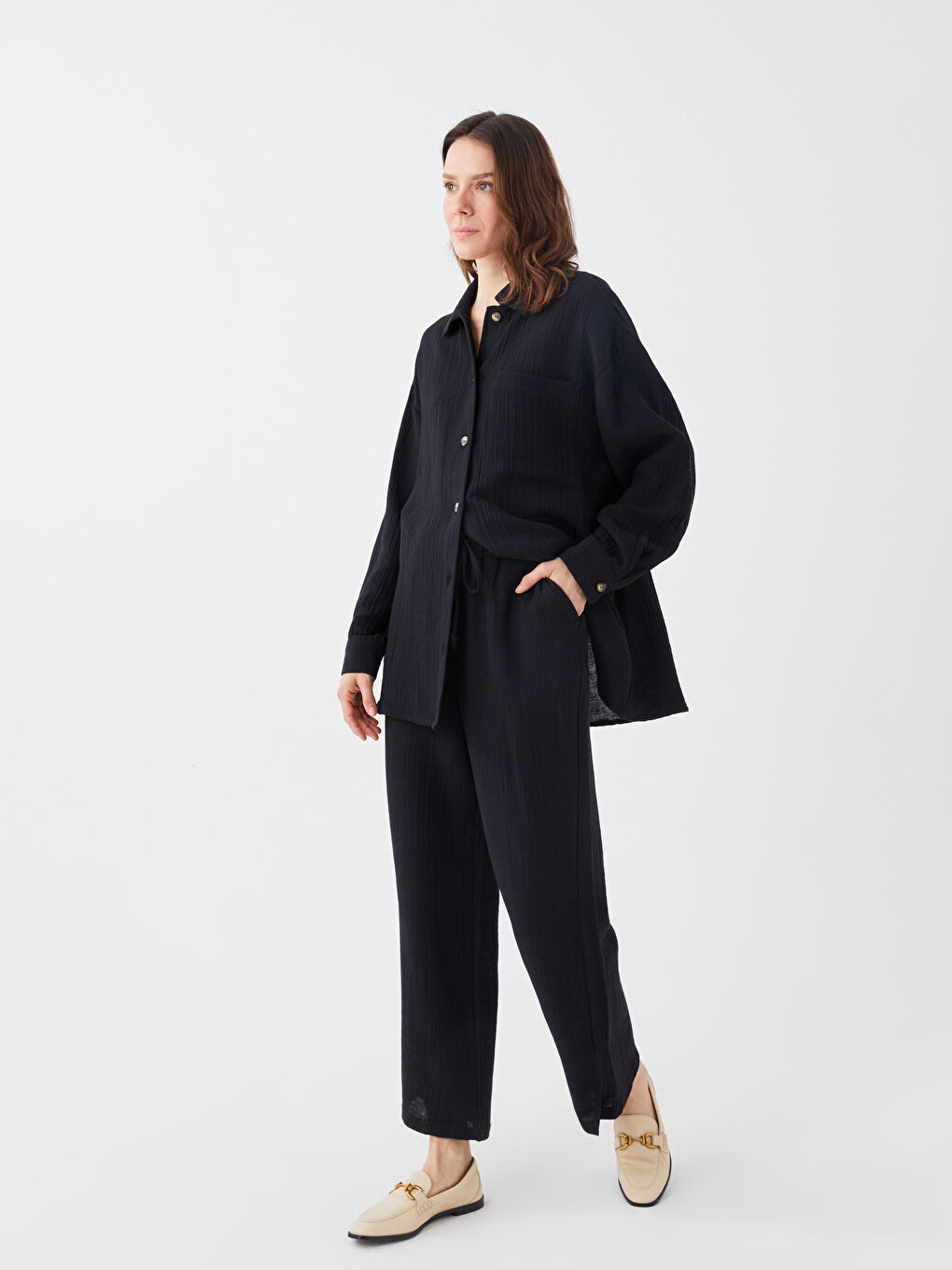 Pantalon Uni en Mousseline à Taille Élastiquée pour Femmes-2