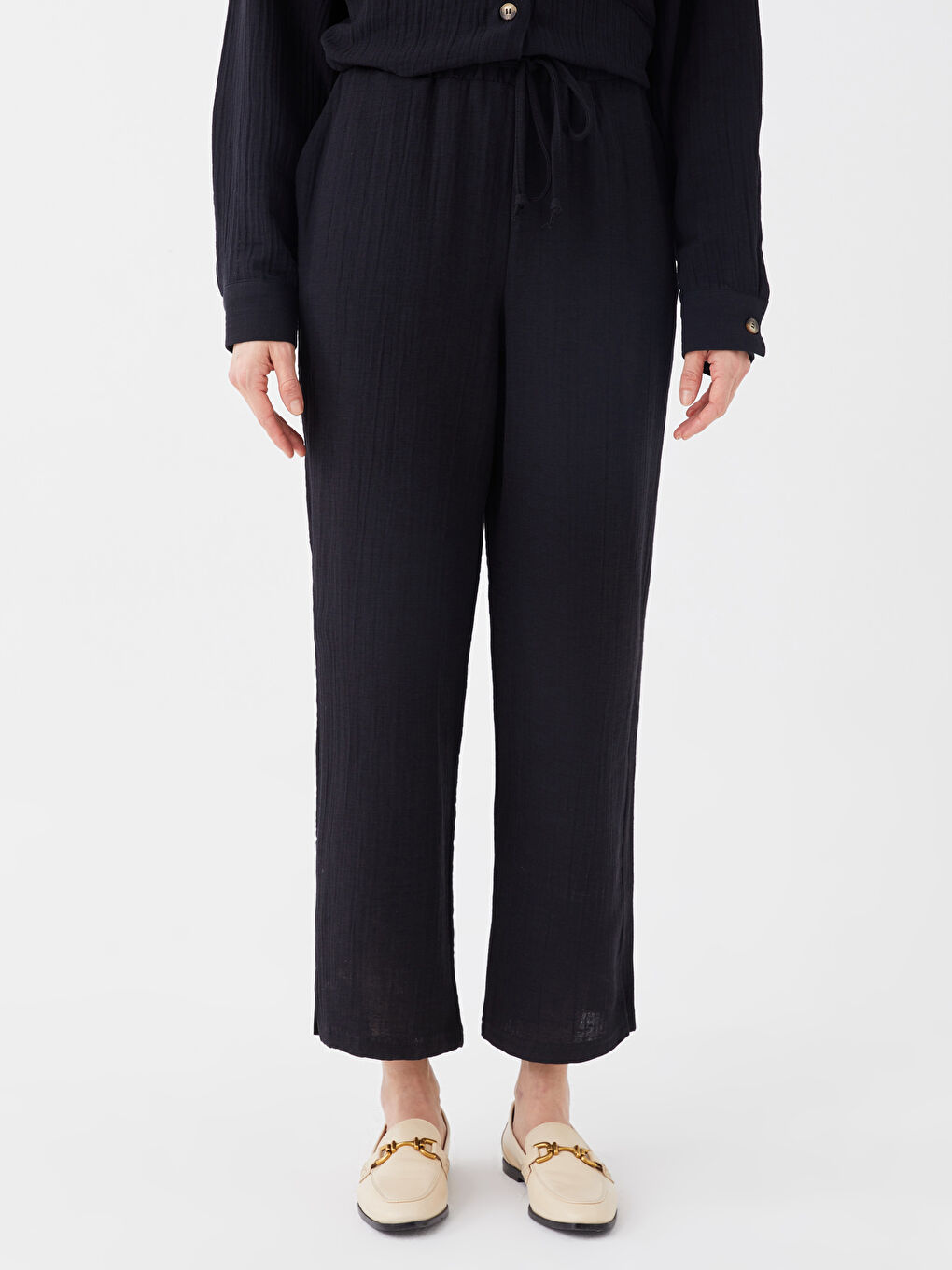 Pantalon Uni en Mousseline à Taille Élastiquée pour Femmes-4