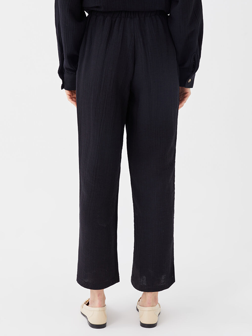 Pantalon Uni en Mousseline à Taille Élastiquée pour Femmes-6