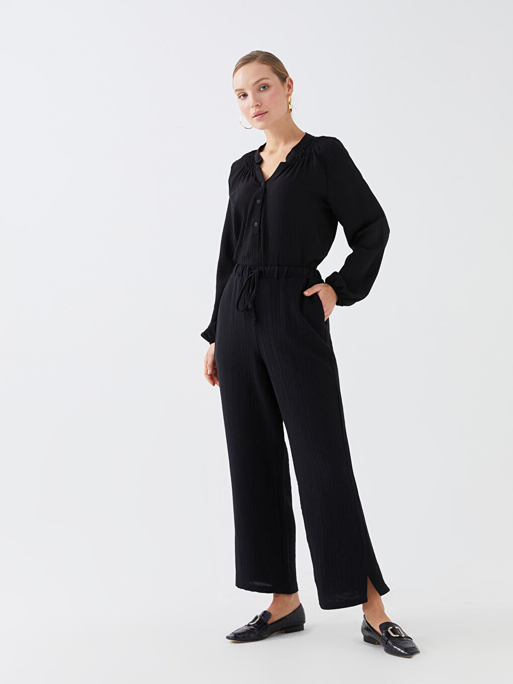 Pantalon Uni en Mousseline à Taille Élastiquée pour Femmes-1