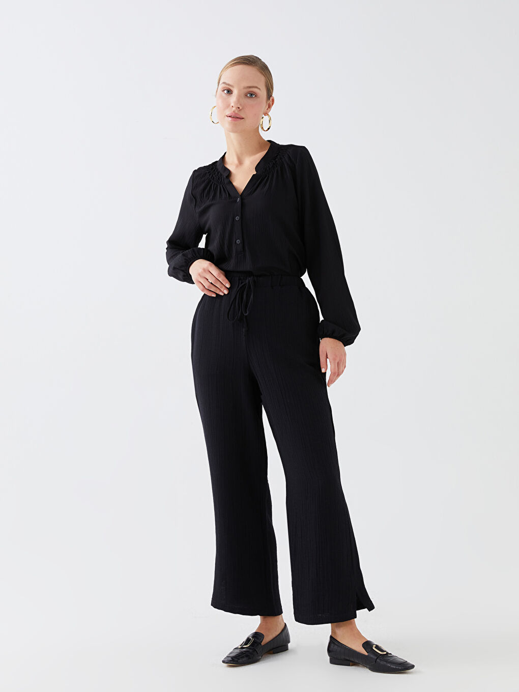 Pantalon Uni en Mousseline à Taille Élastiquée pour Femmes-3