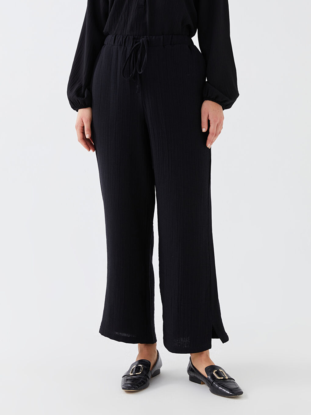 Pantalon Uni en Mousseline à Taille Élastiquée pour Femmes-5