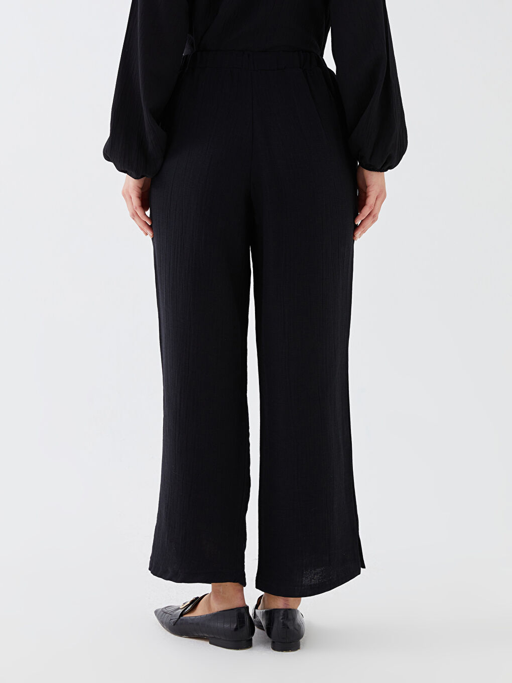 Pantalon Uni en Mousseline à Taille Élastiquée pour Femmes-7