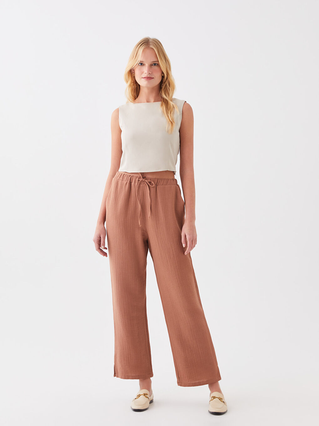 Elasticated Waist Plain Muslin Women's Trousers