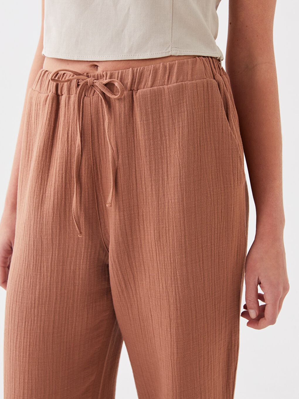 Elasticated Waist Plain Muslin Women's Trousers-1