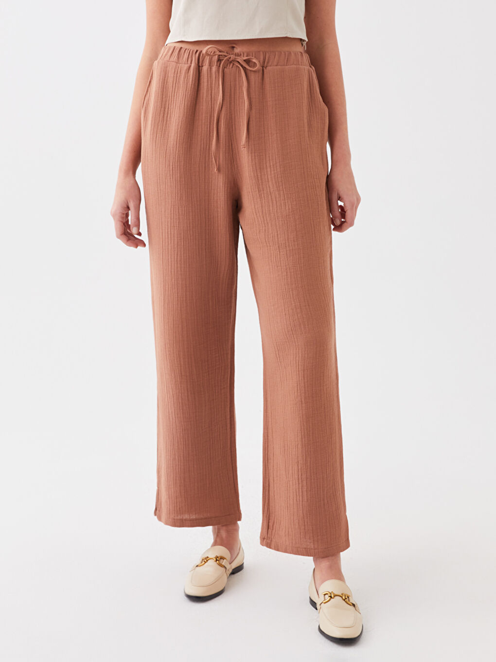 Elasticated Waist Plain Muslin Women's Trousers-2