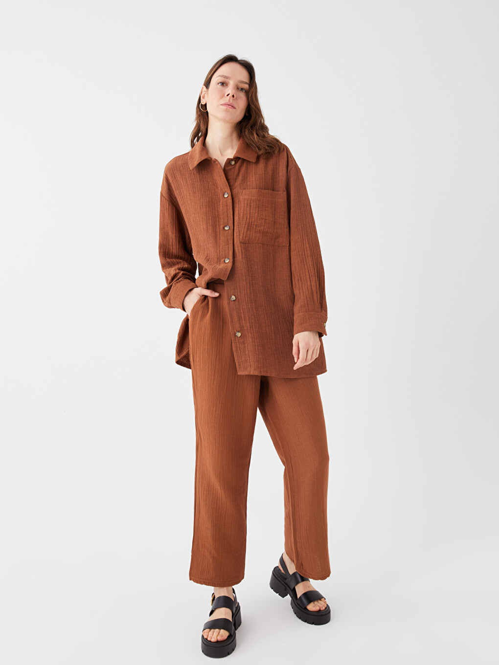 Elastic Waist Plain Muslin Women's Trousers-2