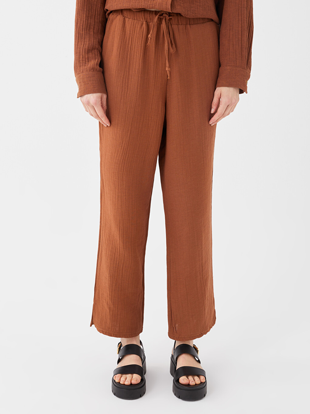Elastic Waist Plain Muslin Women's Trousers-4