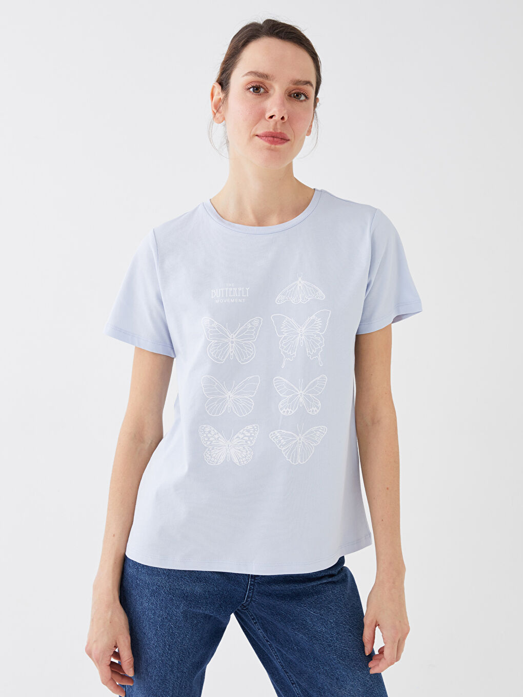 Mavi Bisiklet Yaka Baskılı Kısa Kollu Kadın Tişört-1