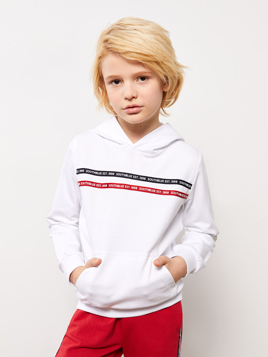 Beyaz Kapüşonlu Baskılı Uzun Kollu Erkek Çocuk Sweatshirt-2