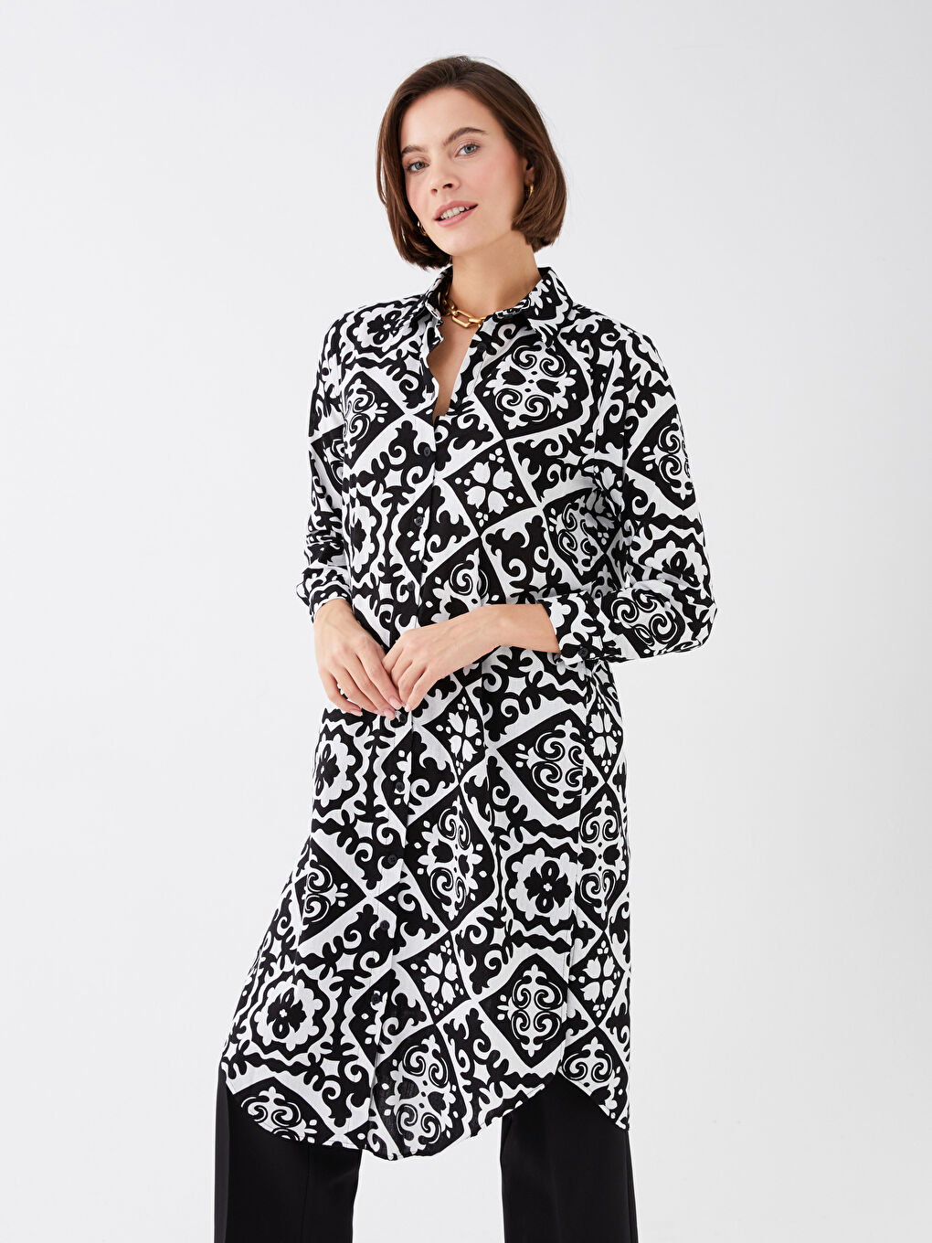 Siyah Gömlek Yaka Desenli Uzun Kollu Kadın Tunik Elbise-1