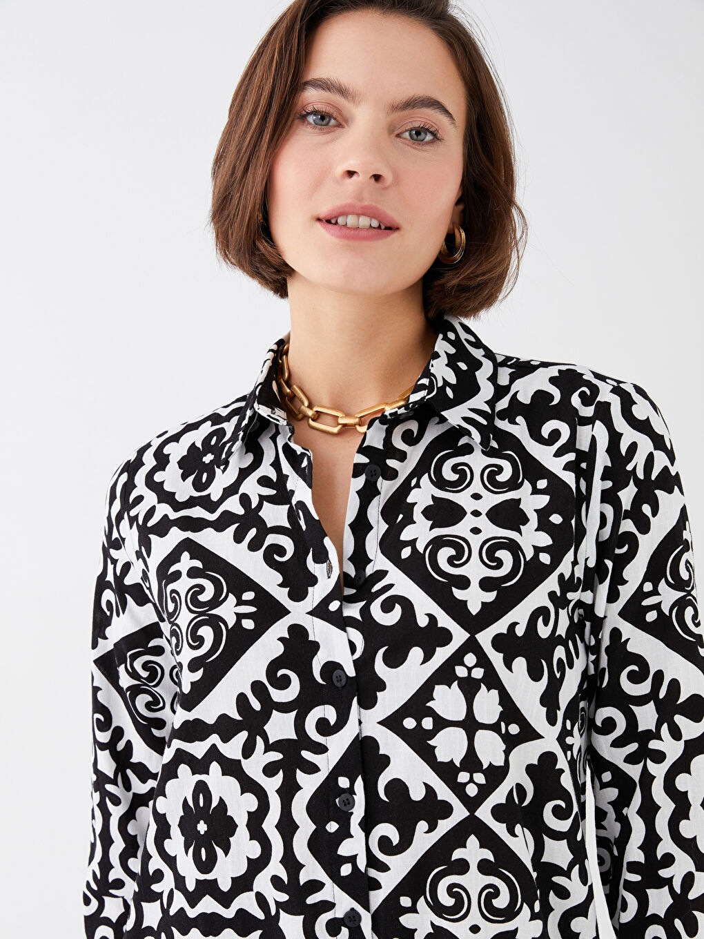 Siyah Gömlek Yaka Desenli Uzun Kollu Kadın Tunik Elbise-2