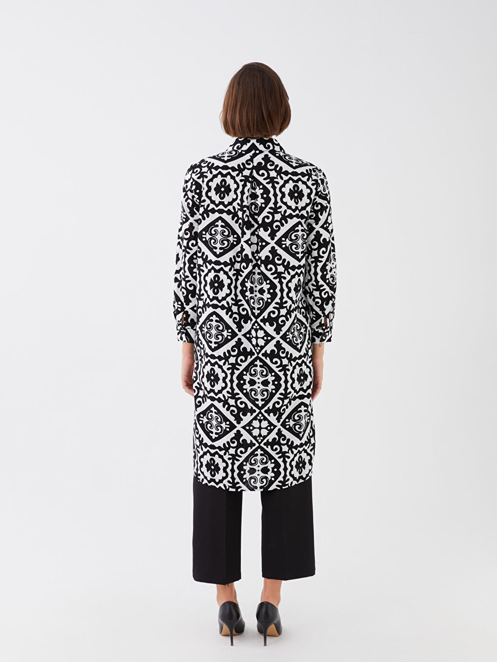 Siyah Gömlek Yaka Desenli Uzun Kollu Kadın Tunik Elbise-4