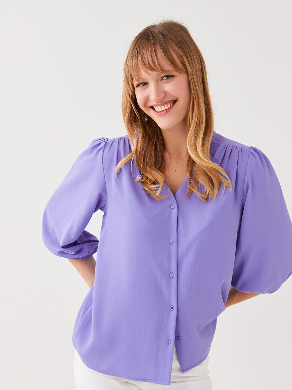 Mor Kadın V Yaka Düz Bluz