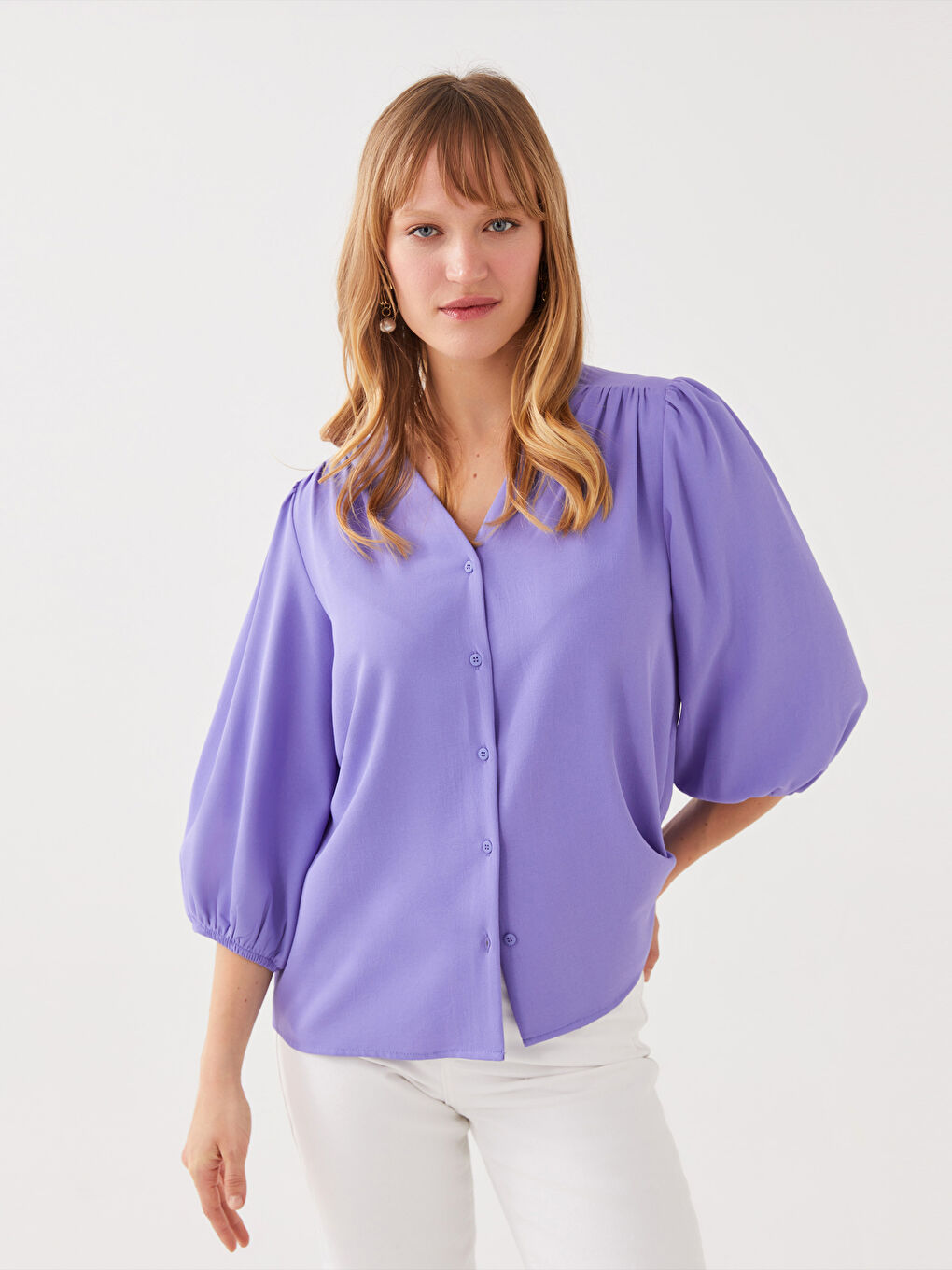 Mor Kadın V Yaka Düz Bluz-1