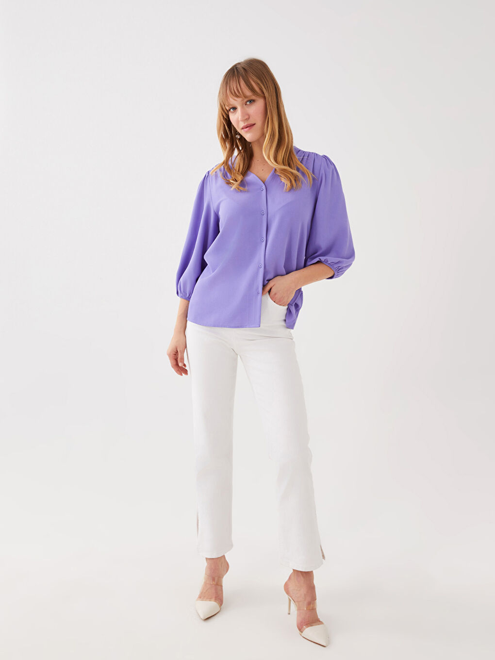 Mor Kadın V Yaka Düz Bluz-2