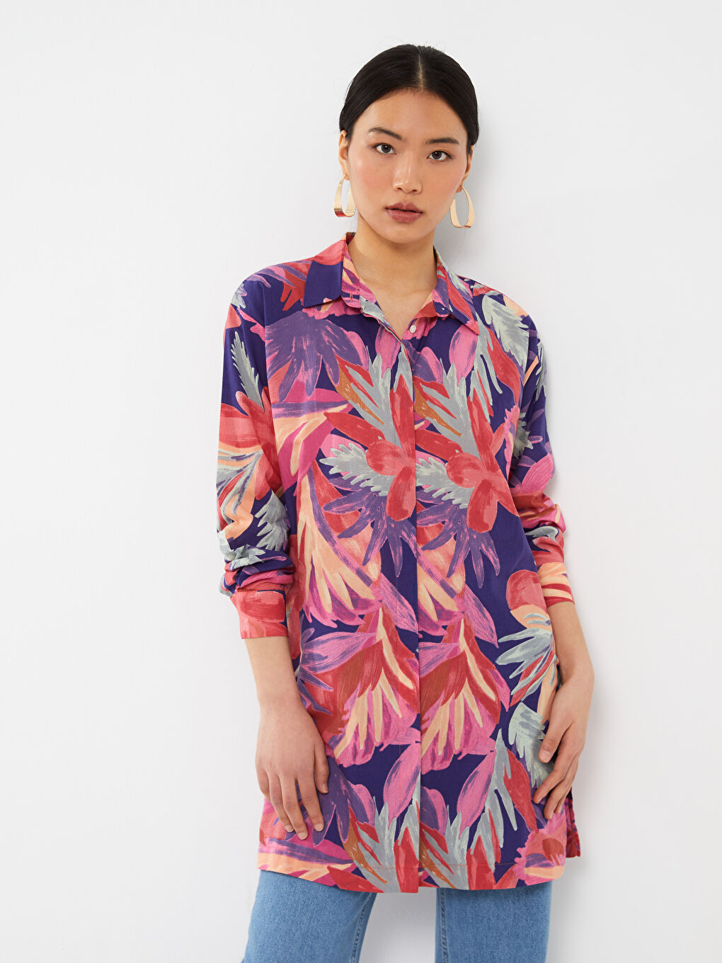 Karışık Desenli Uzun Kollu Vual Kadın Gömlek Tunik