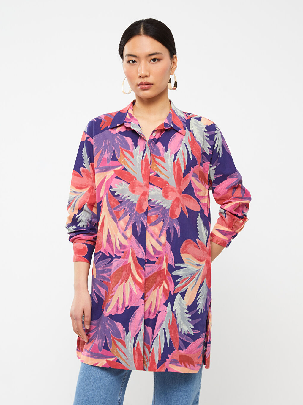 Karışık Desenli Uzun Kollu Vual Kadın Gömlek Tunik-1