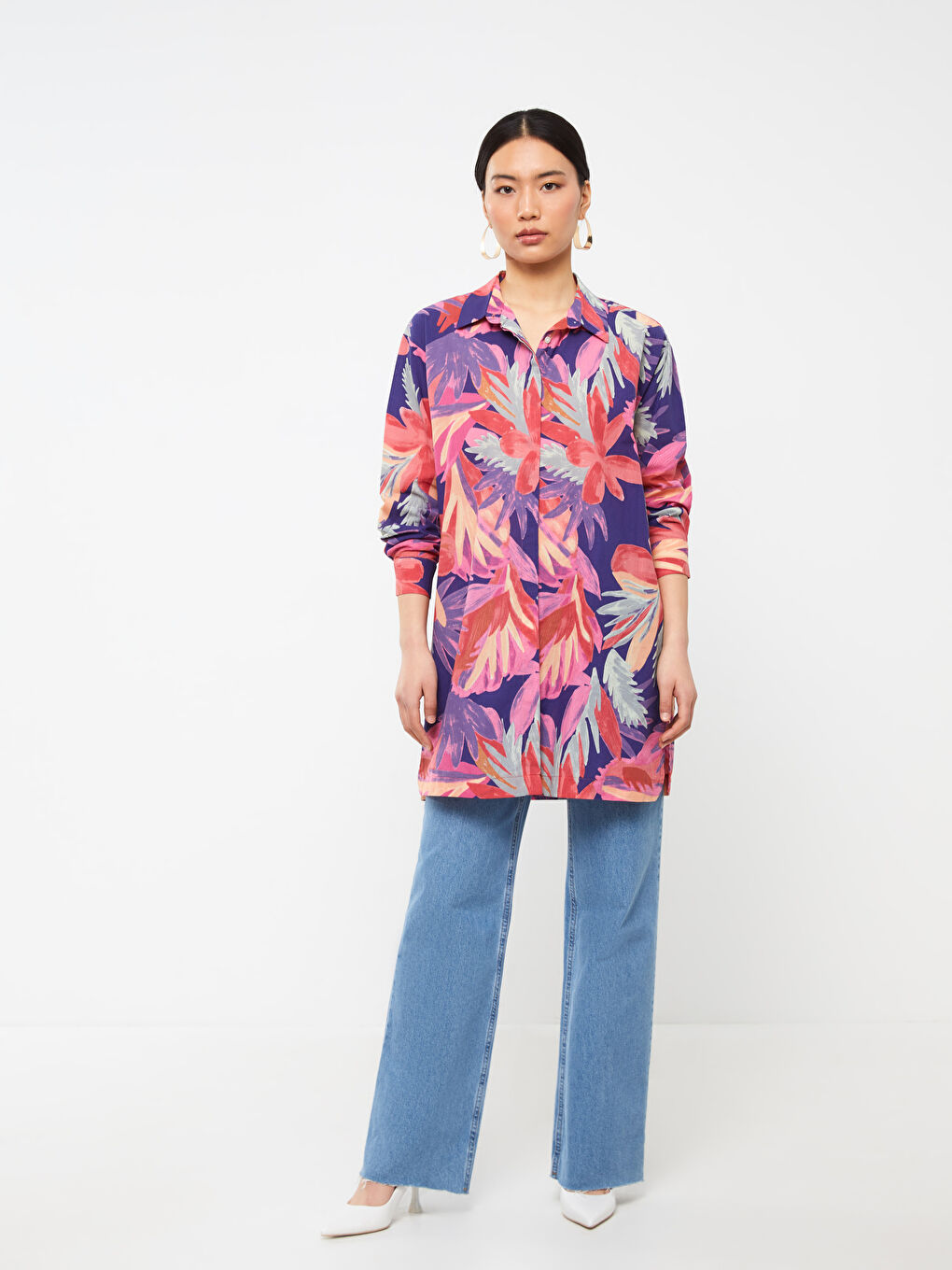 Karışık Desenli Uzun Kollu Vual Kadın Gömlek Tunik-2