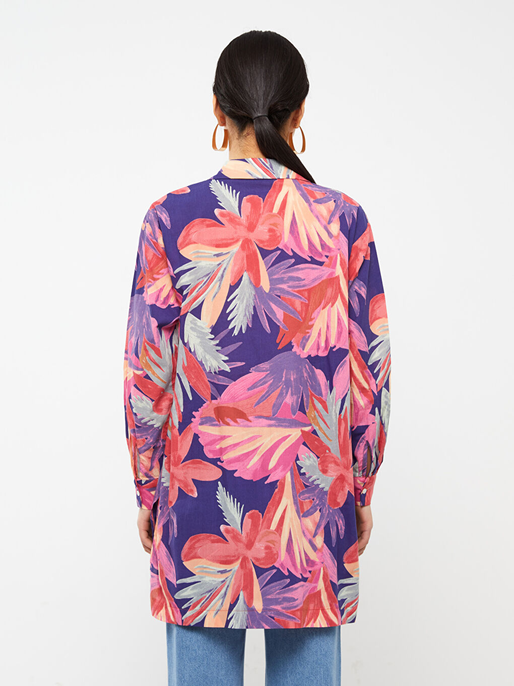 Karışık Desenli Uzun Kollu Vual Kadın Gömlek Tunik-4