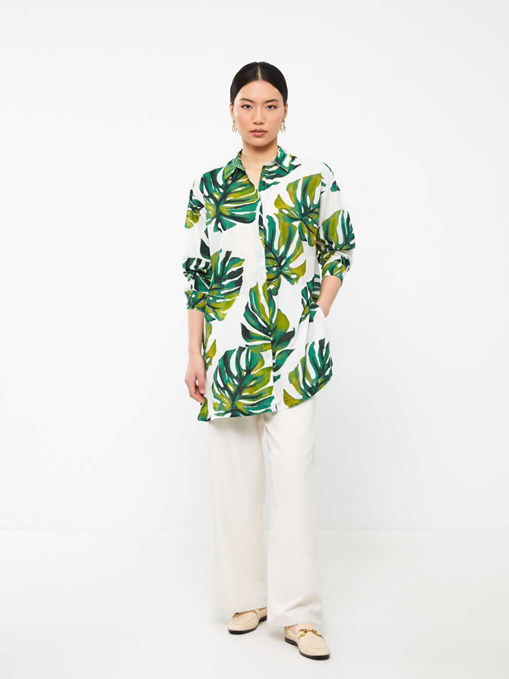 Ekru Desenli Uzun Kollu Vual Kadın Gömlek Tunik-2