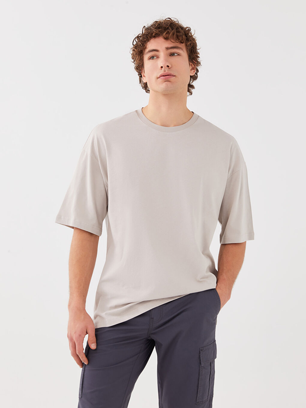 Bej Bisiklet Yaka Penye Erkek Tişört-1