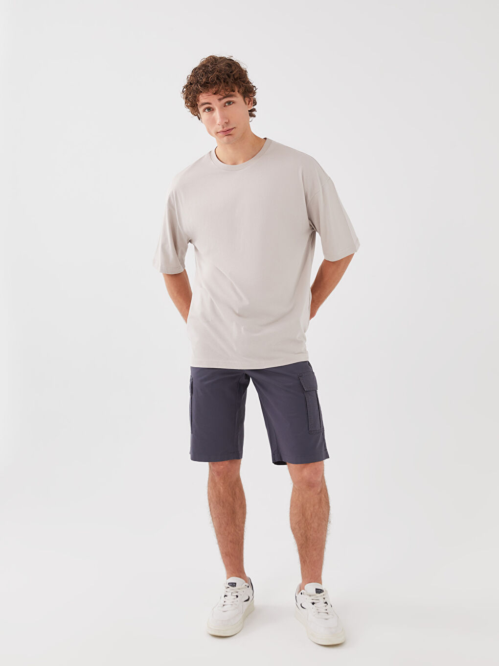 Bej Bisiklet Yaka Penye Erkek Tişört-2