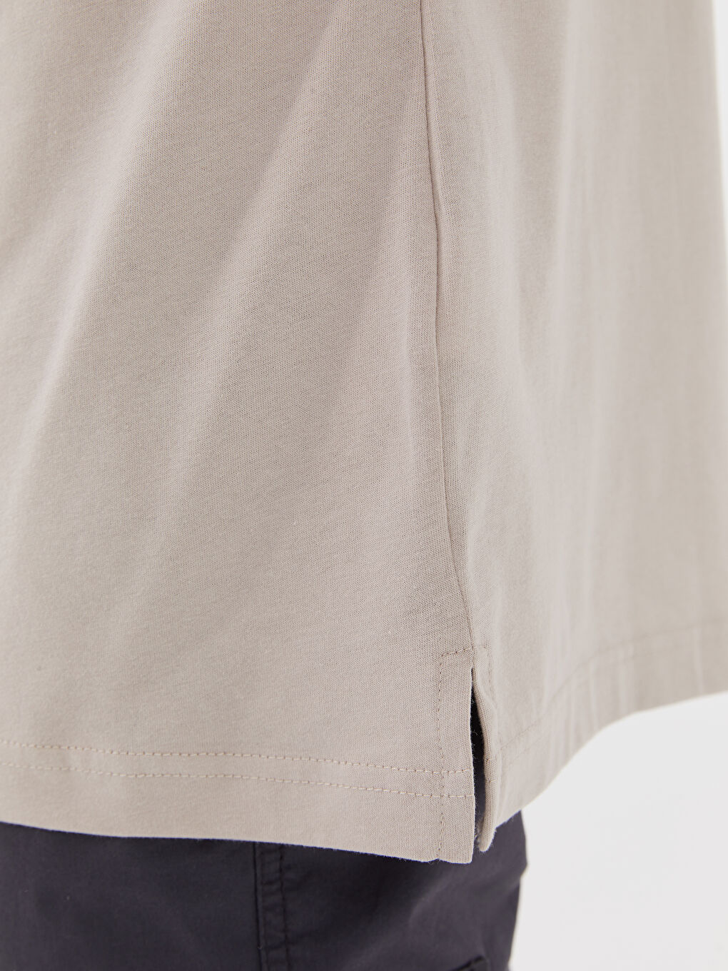 Bej Bisiklet Yaka Penye Erkek Tişört-3