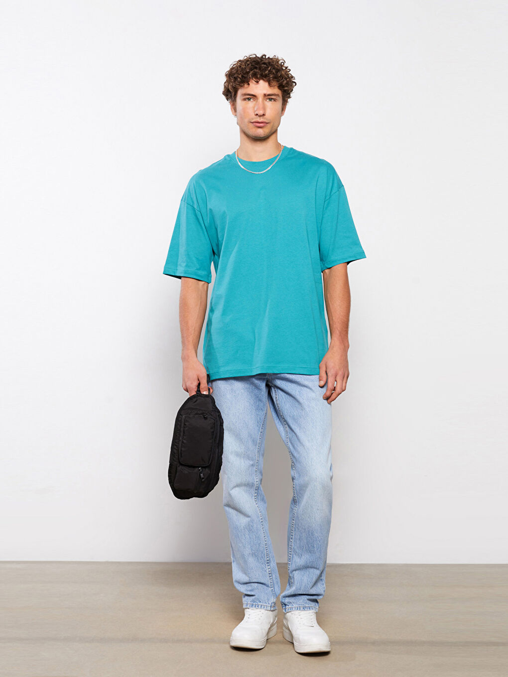 Turkuaz Bisiklet Yaka Penye Erkek Tişört-1