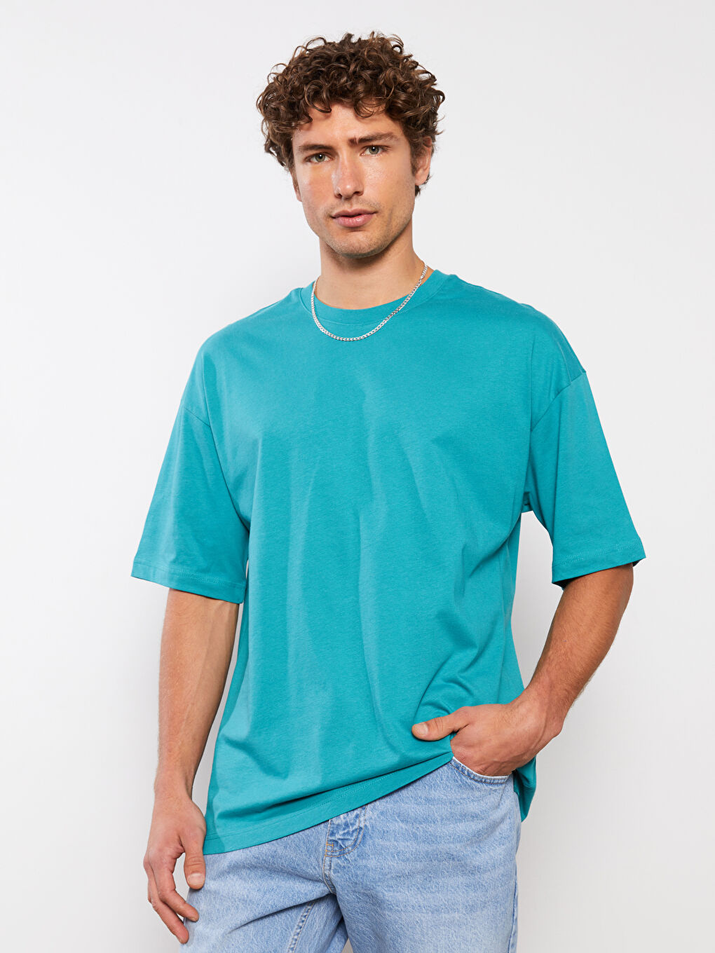 Turkuaz Bisiklet Yaka Penye Erkek Tişört-2