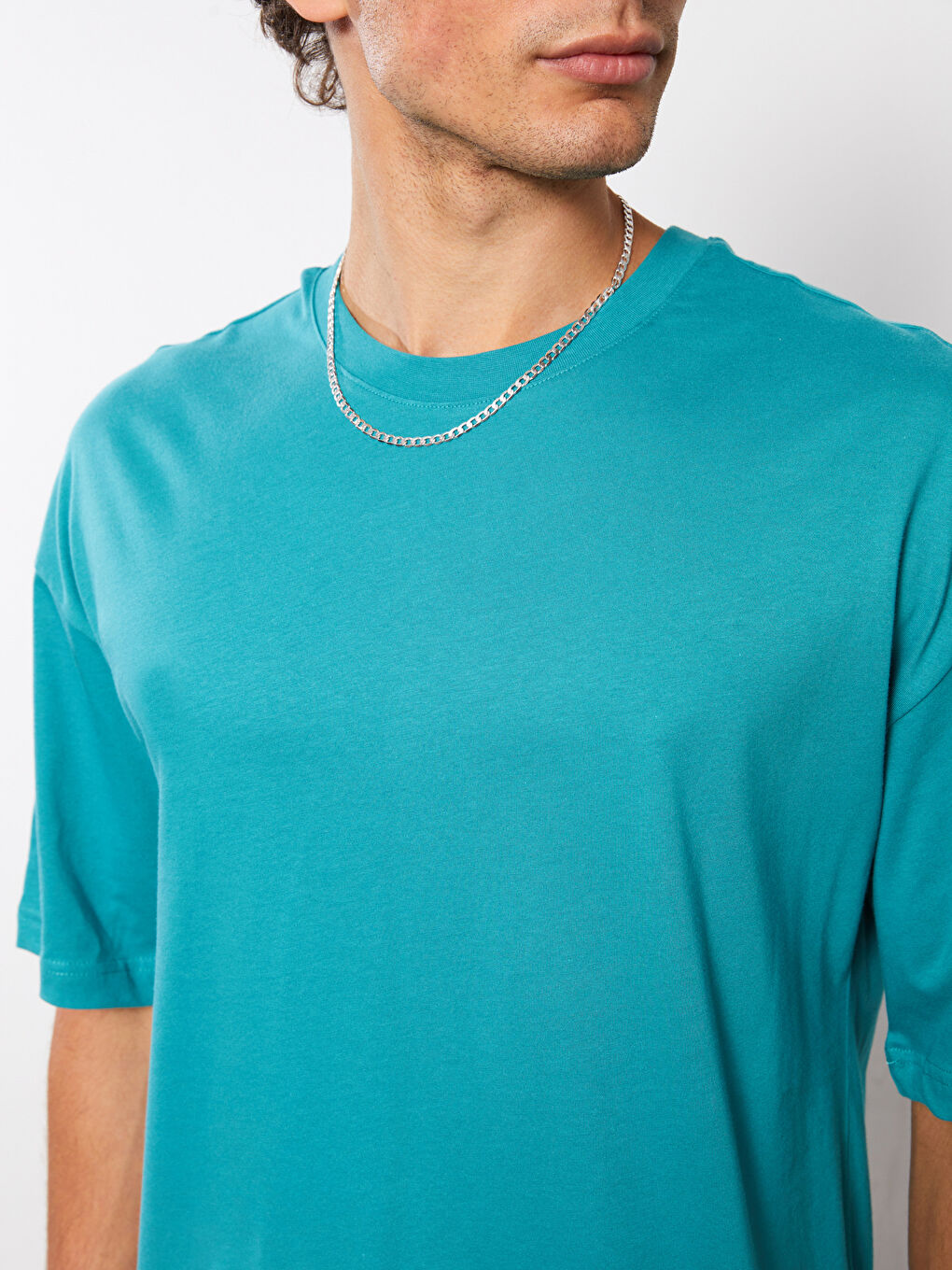 Turkuaz Bisiklet Yaka Penye Erkek Tişört-3