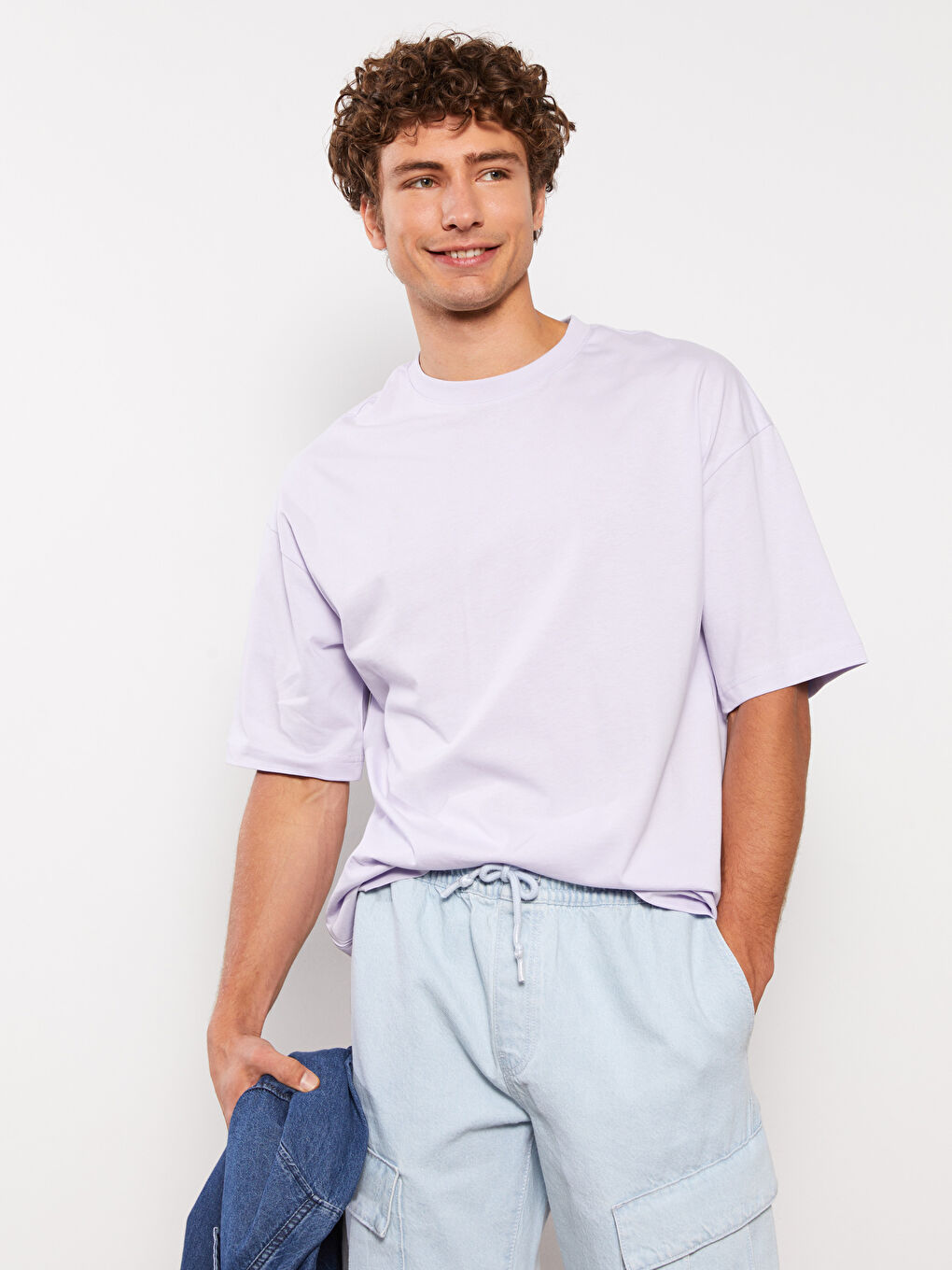 Lila Bisiklet Yaka Penye Erkek Tişört-2