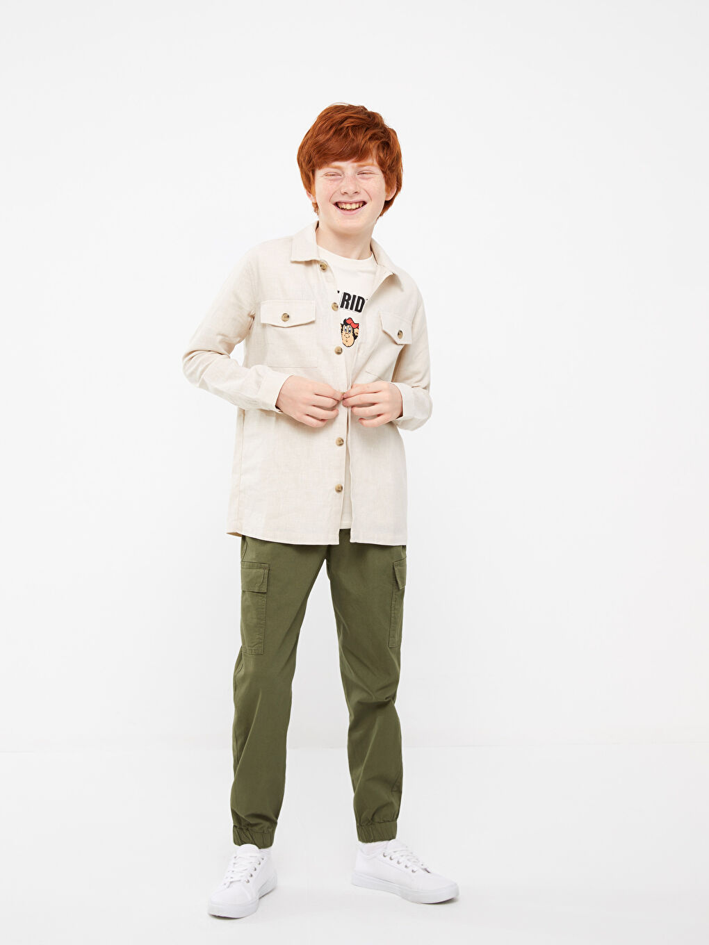 Haki Rahat Kalıp Beli Lastikli Erkek Çocuk Jogger Pantolon-1