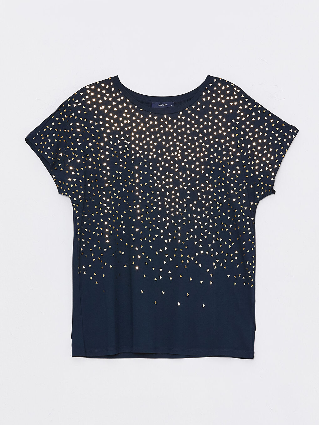 Lacivert Bisiklet Yaka Desenli Kısa Kollu Kadın Tişört-5