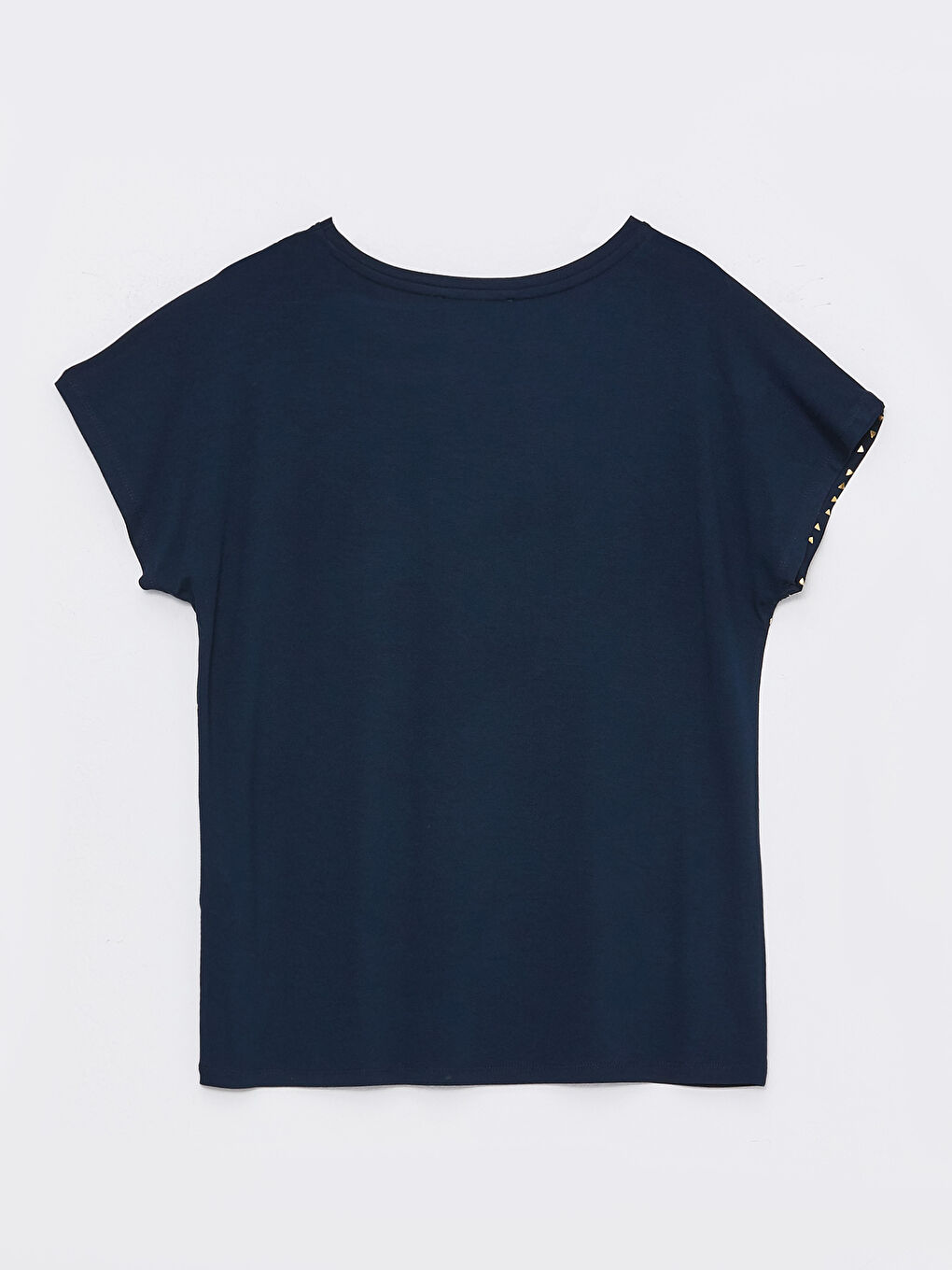 Lacivert Bisiklet Yaka Desenli Kısa Kollu Kadın Tişört-6