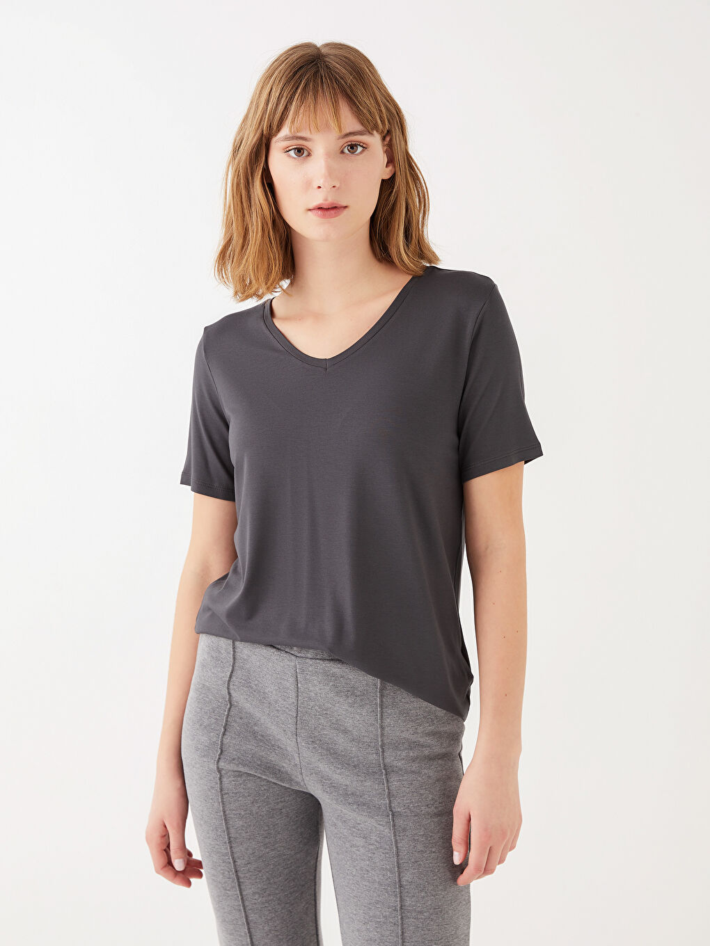 V-Neck Plain Short Sleeve Women's T-Shirt