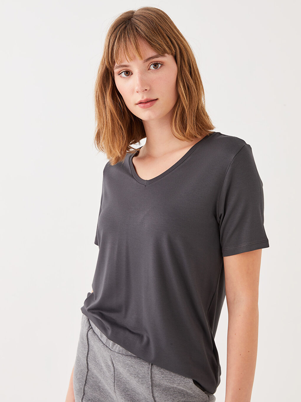 V-Neck Plain Short Sleeve Women's T-Shirt-1