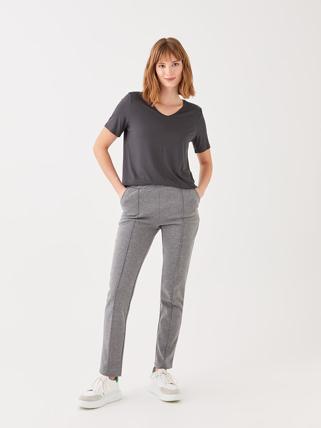 V-Neck Plain Short Sleeve Women's T-Shirt-2