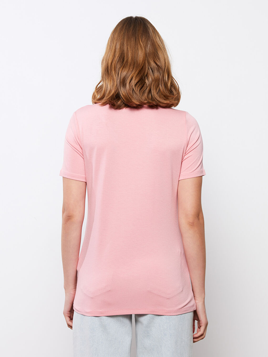 Pembe V Yaka Düz Kısa Kollu Kadın Tişört-3