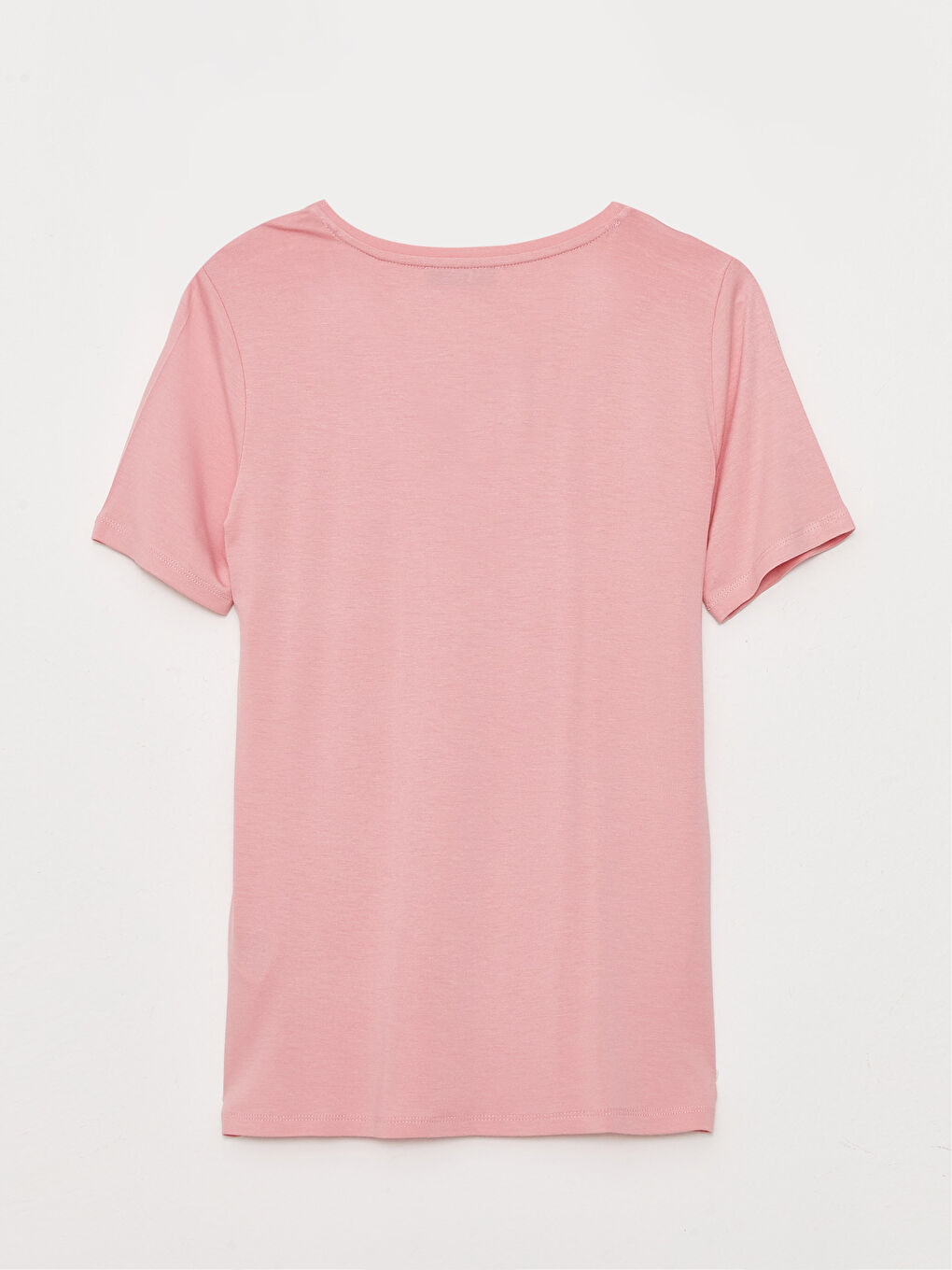 Pembe V Yaka Düz Kısa Kollu Kadın Tişört-5